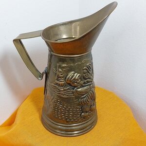 Vintage Brass Water Pitcher Embossed Scene Made in England